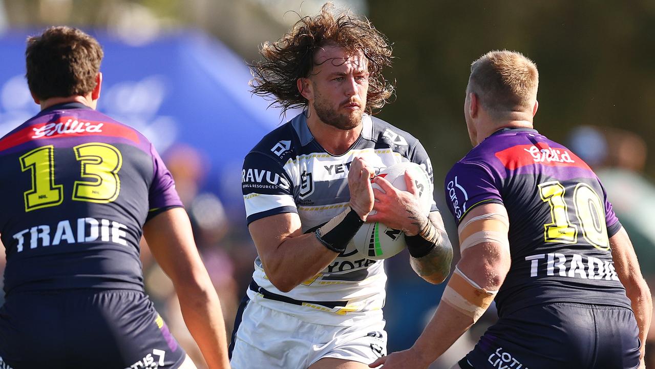 Sam McIntyre of the Cowboys runs with the ball during the 2025 NRL Pre-Season Challenge match between Melbourne Storm and North Queensland Cowboys at Casey Fields on February 23, 2025 in Melbourne, Australia. (Photo by Morgan Hancock/Getty Images)