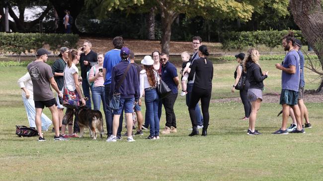 COVID lockdown protesters congregate in New Farm Park. Picture: Liam Kidston