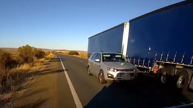 Road surface and overtaking lanes have been raised as major concerns on the Sturt Hwy. This near miss at Annadale, shows a truck nearly colliding head on with a car travelling at 110km/h in January. Picture: Facebook