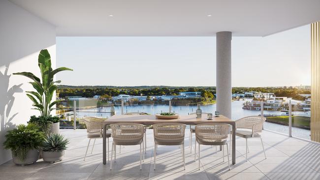 Water views from the balcony of the Comino luxury residential apartments at The Cove in Pelican Waters.