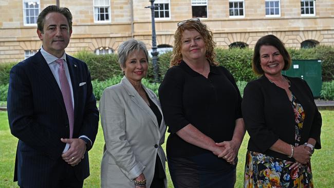 Clarence Mayor Brendan Blomeley, Glenorchy Mayor Sue Hickey, Hobart Lord Mayor Anna Reynolds and Kingborough Mayor Paula Wreidt speak to the media on Parliament Lawns in Hobart on Wednesday, November 13, 2024.