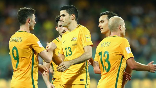 Tom Rogic celebrates a goal for the Socceroos.