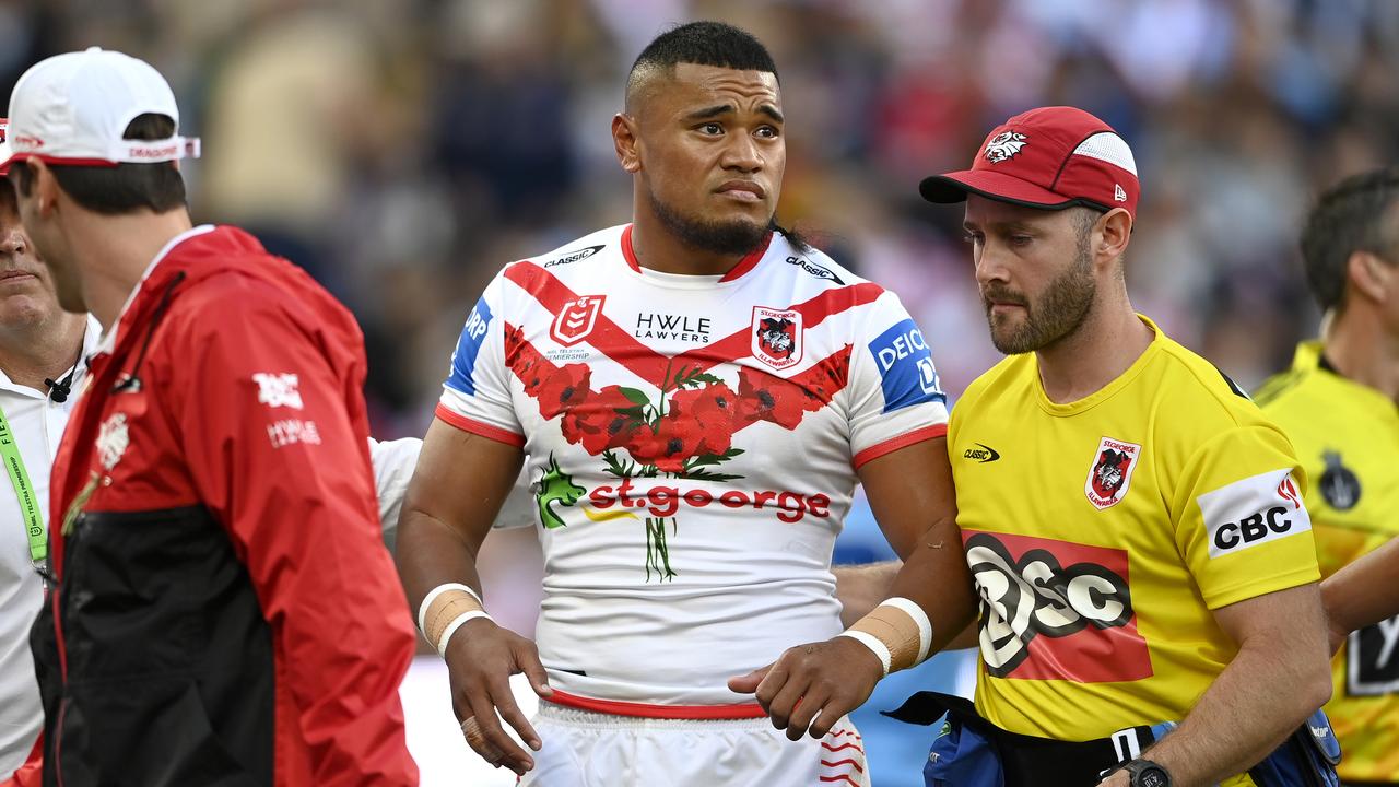 Moses Suli was forced from the field after a heavy collision from the kick-off on Anzac Day. Picture: NRL Photos