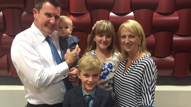 Sid Cramp, pictured with Ariana Cramp (7 months), son Luca Cramp (9), Isabella Cramp, (12) and his wife Danielle Cramp on being elected to Parliament. His survival in Gaven could be determined by One Nation supporters.