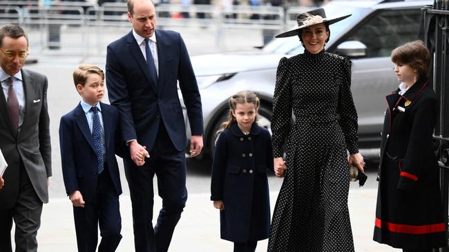 Prince William and Catherine arrive with Prince George and Princess Charlotte. Picture: AFP.