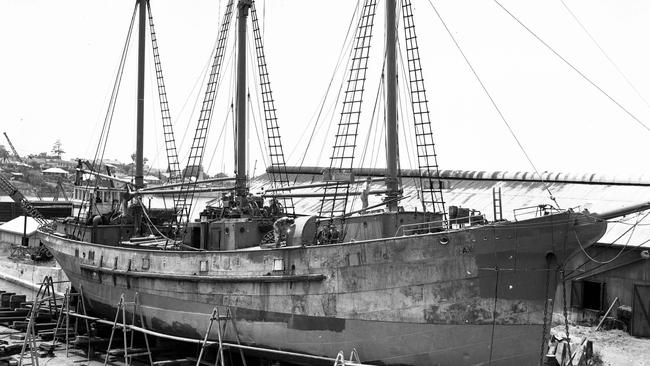 The Booya sank in Darwin Harbour during Cyclone Tracy in 1974. Pictured here in 1949, when she was then named The Argosy Lemal and the Ametco. She was a three-masted auxiliary schooner with a steel hull and a 130bhp engine, pictured undergoing a refit on a slip at Bulimba in Brisbane's eastern suburbs.