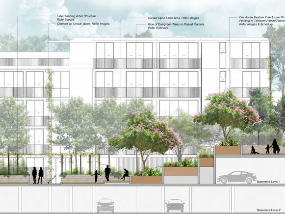 An artist’s impression showing the building heights and proposed basement parking. Image: supplied