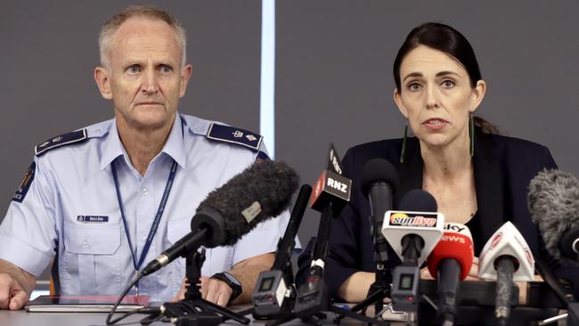 New Zealand Prime Minister Jacinda Ardern addresses a press conference alongside Superintendent Bruce Bird in Whakatane, New Zealand.