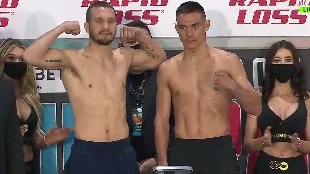 Tim Tszyu and Stevie Spark at the weigh-in.