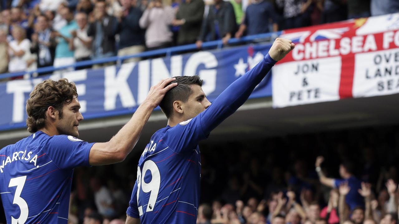 Chelsea's Alvaro Morata celebrates with Marcos Alonso.