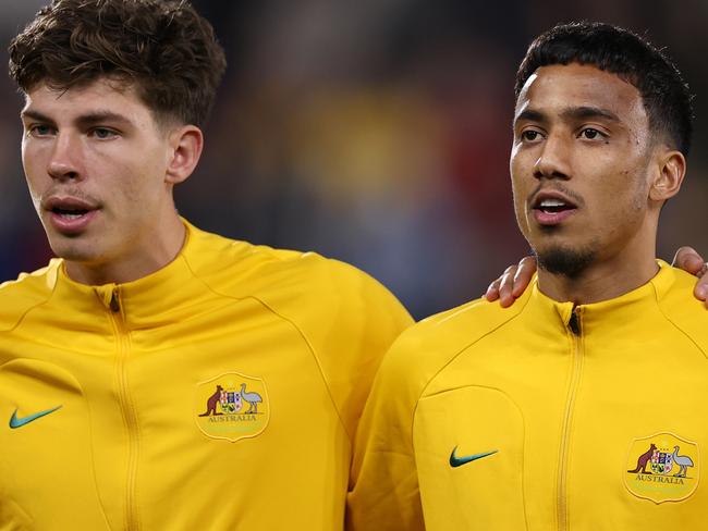 BRENTFORD, ENGLAND - OCTOBER 17: Jordan Bos, Keanu Baccus and Massimo Luongo of Australia look on during the Trans-Tasman Trophy international friendly match between Australia Subway Socceroos and New Zealand All Whites at Gtech Community Stadium on October 17, 2023 in Brentford, England. (Photo by Ryan Pierse/Getty Images)