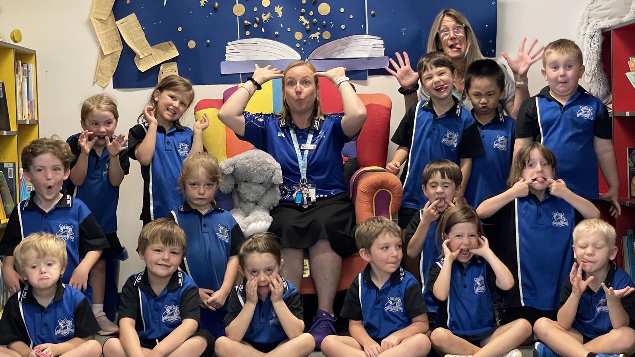 One Mile State School Preps 2024. (Back from left) Sophia, Leah, Wesley, Dylan, Corbin, (middle from left) Joseph, Anna, Phillip, Rose, (Front from left) Archer, Tyler, Kya, Brax, Savannah, Eli, Teachers: Mrs Jellina Penn and teacher aide Mrs Kellie Pilkington. Gympie My First Year. Silly faces photo.