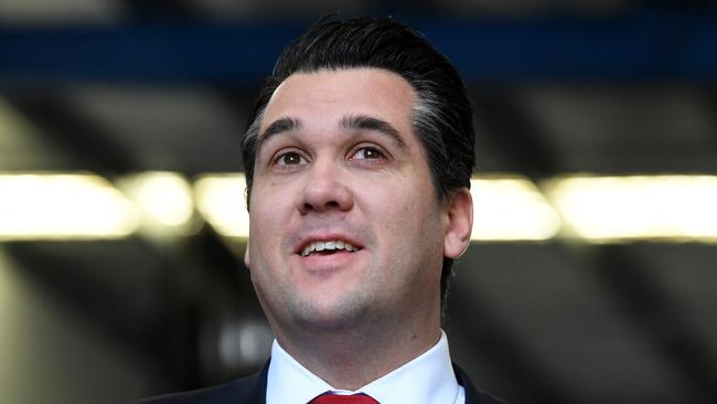 Assistant Treasurer and Minister for Housing Michael Sukkar addresses the media during a press conference at a Duralift business in Croydon South, Melbourne, July 8, 2019. (AAP Image/James Ross) NO ARCHIVING