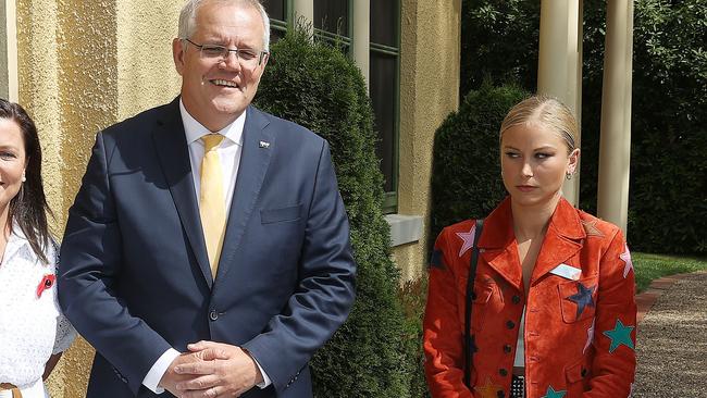 Prime Minister Scott Morrison with 2021 Australian of the Year Grace Tame at the 2022 Australian of the Year Finalists Morning Tea at the Lodge in Canberra. Picture: NCA NewsWire/Gary Ramage