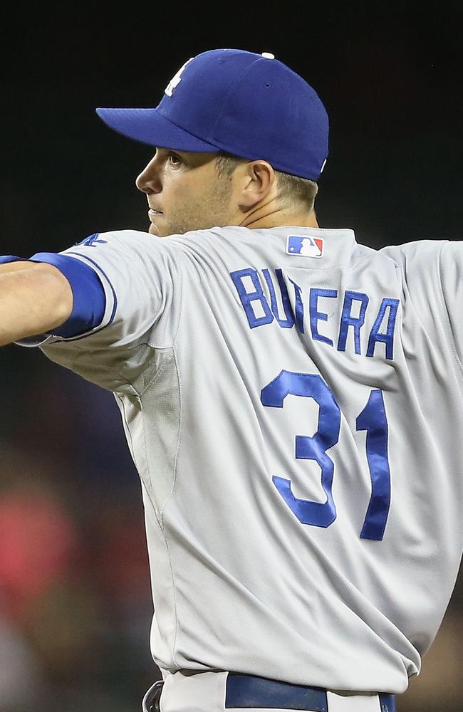 Drew Butera on the mound for the Dodgers.