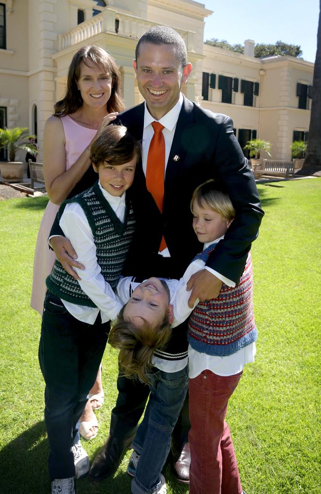 Kyam Maher celebrates with his family after being sworn in to State Cabinet, at Government House, in 2015.