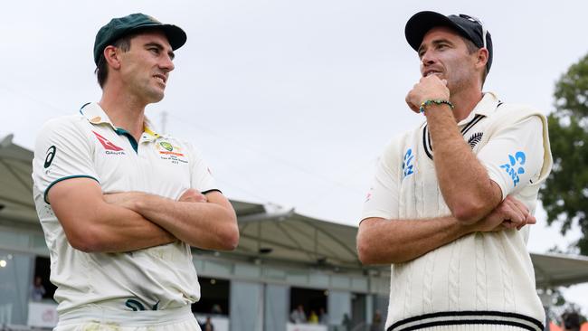 Captains Pat Cummins and Tim Southee ponder the Test that was. Picture: Kai Schwoerer/Getty Images