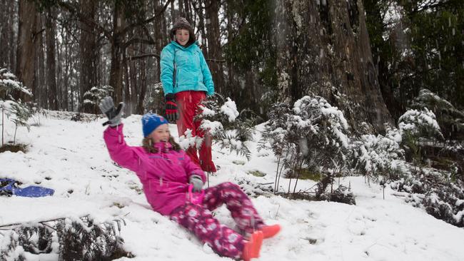 Rachel and Jemma Power of Mt Field enjoy the snow on August 3rd 2015. Hobart Snow DVG Mt Field National Park. Pic supplied by Rachel Power