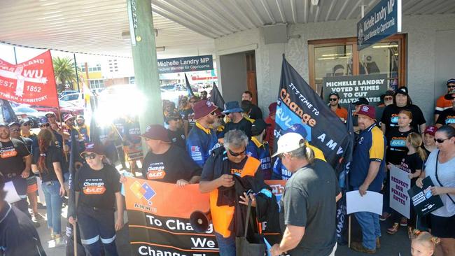 Protesters gather outside Landry's Denison St office. Picture: Jann Houley