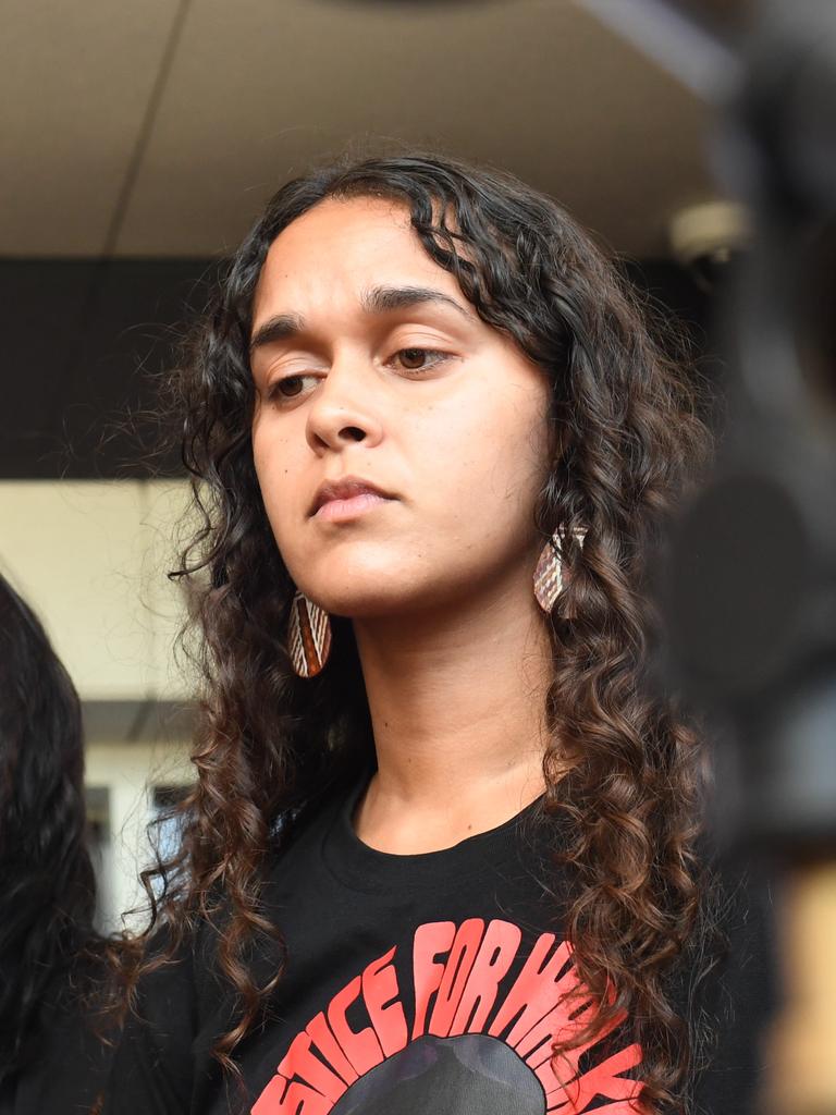 Samara Fernandez-Brown stands behind Phillip Strickland QC after Zachary Rolfe was found not guilty on all charges. Picture: (A)manda Parkinson