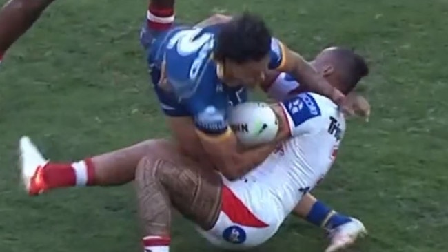 Tyrell Fuimaono’s tackle on Haze Dunster.