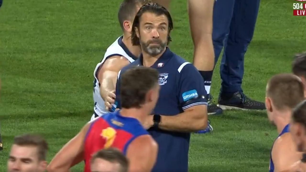Chris Scott approached Brisbane players at quarter-time.