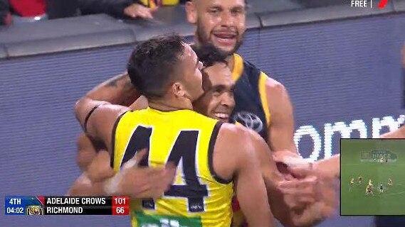 Sydney Stack hugs Eddie Betts after his miraculous goal. Picture: Channel 7