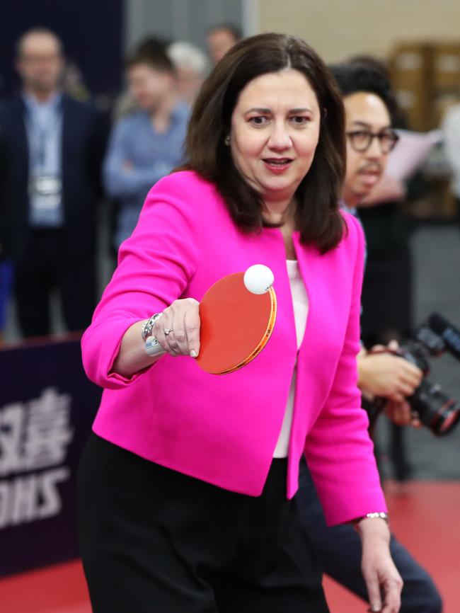 Premier Annastacia Palaszczuk playing ping pong.  Picture: Nigel Hallett