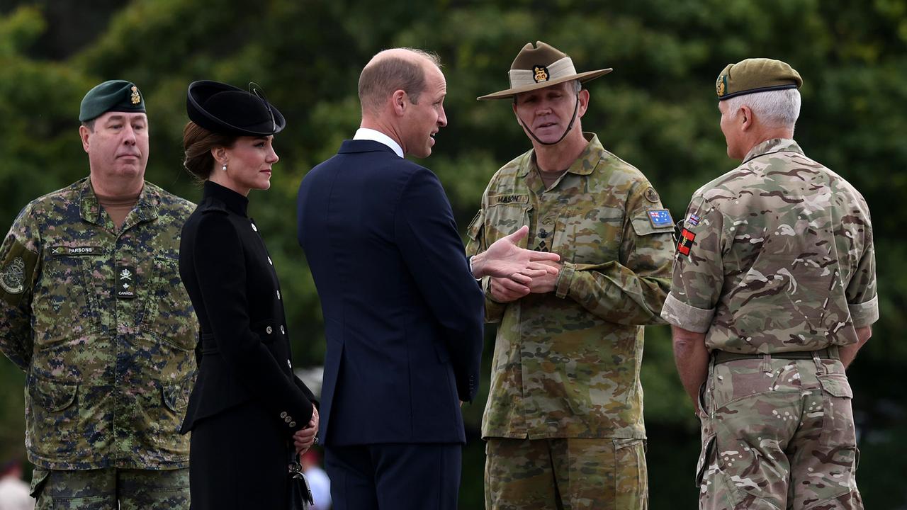 Prince William and Catherine, Princess of Wales, meet Australian military personnel during a visit to Army Training Centre Pirbright. Picture: Getty Images.