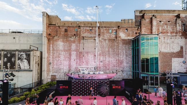 An overhead view of the Pink Carpet at the True Spirit Netflix global premiere at Brisbane Powerhouse. Picture: Adam Shaw