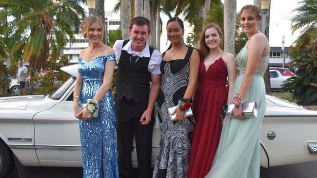 Sophie Christtofferson, Harley Hagen, Adela Cameron, Jade Fleischer, and Sarah Quigley at the Sarina State High School formal at the MECC, Mackay, on Thursday November 19. Picture: Zizi Averill