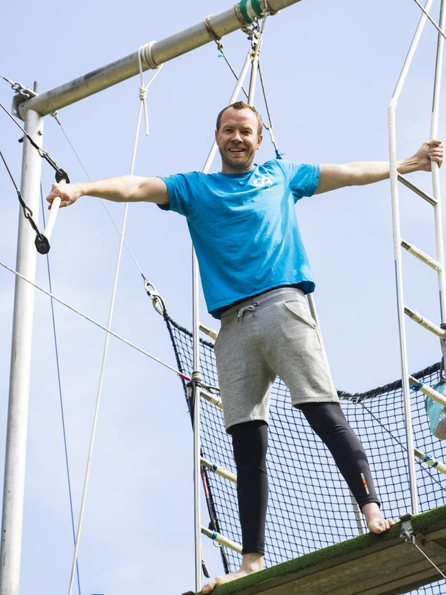 James Bustar was an entertainer on a cruise ship and he now teaches trapeze at Circus Arts Australia. Picture: Dylan Robinson