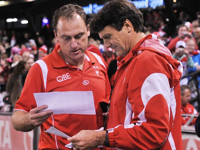 Carlton v Sydney Swans. Etihad Stadium. Paul Roos and John Longmire read the stats at the end of the match