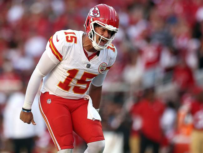 SANTA CLARA, CALIFORNIA - OCTOBER 20: Quarterback Patrick Mahomes #15 of the Kansas City Chiefs reacts after a fourth quarter touchdown against the San Francisco 49ers at Levi's Stadium on October 20, 2024 in Santa Clara, California.   Ezra Shaw/Getty Images/AFP (Photo by EZRA SHAW / GETTY IMAGES NORTH AMERICA / Getty Images via AFP)