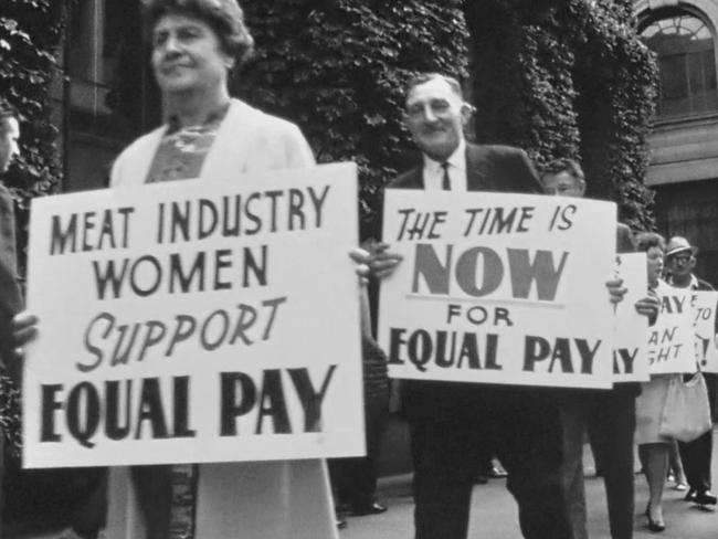 Demonstrators outside the Commonwealth Arbitration Court in Melbourne in 1969 during the National Equal Pay case.