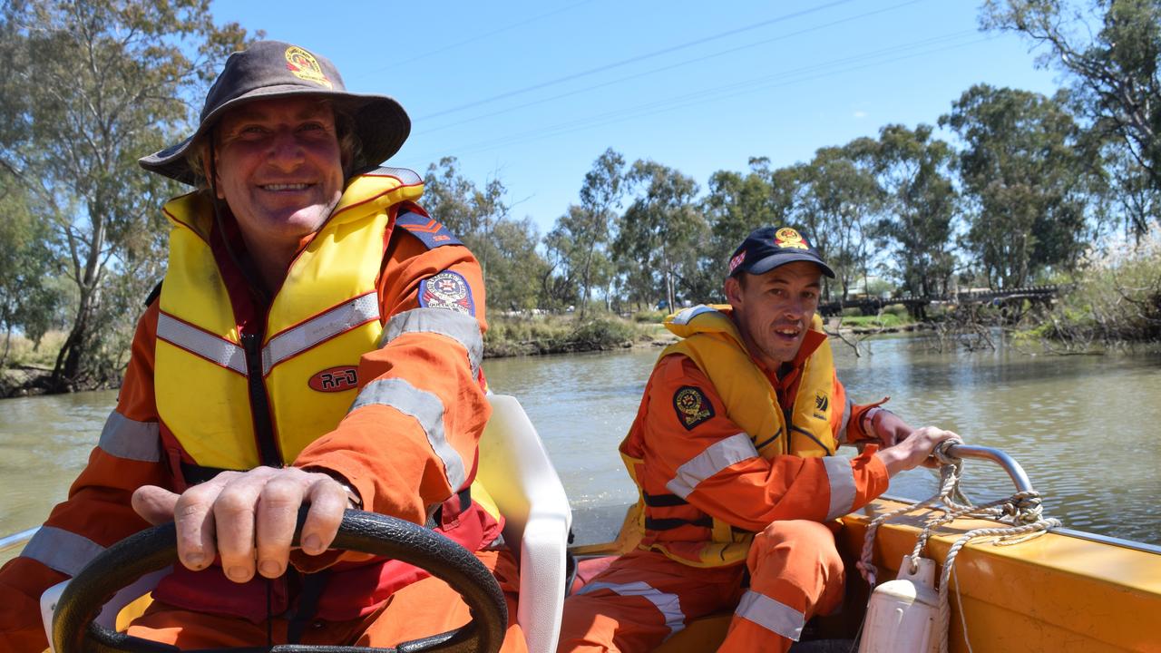 Cecil Plains SES team members Scott Bradley and Patrick Fox practice flood boat operations at the Cecil Plains. They could be called on to assist stranded people over the coming days with big storms forecast across the Darling Downs.