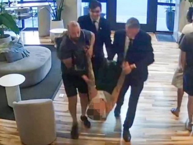 Supplied CCTV of Liam Payne being carried through the hotel lobby before his death.