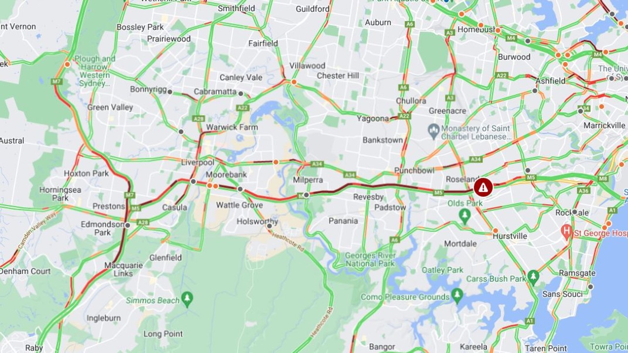 Traffic has reportedly piled up for 27km on the M8 and onto the M5 Motorway just before 8am. Picture: Live Traffic