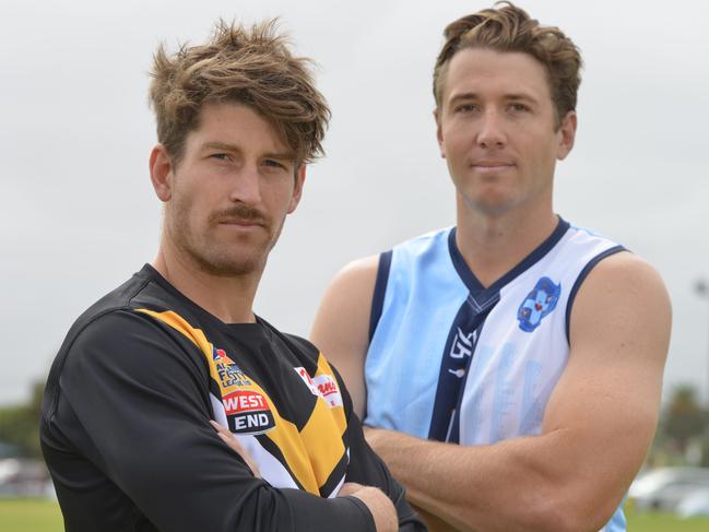 Brighton Football Club captain WIll Rivers and Sacred Heart OC football club captain Lachlan Button, Saturday, April 14, 2018. The sides are set to renew a rivalry next Saturday when they face off for the first time in 22 years. (AAP Image/ Brenton Edwards)