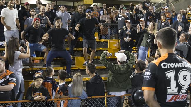 Benji Marshall (white T-shirt) joining the haka for his brother Jeremy Marshall-King at Leichhardt Oval on Sunday night.