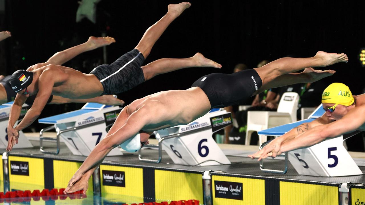 Cameron McEvoy, centre, had a textbook start in the men’s 50m freestyle final on June 12, winning comfortable in 21.35 and qualifying as the first Aussie male swimmer to make four Olympics. Picture: David Gray/AFP