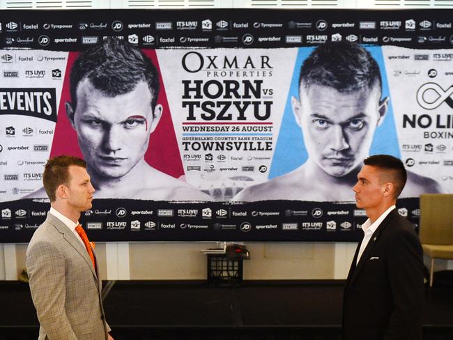 Jeff Horn and Tim Tszyu face off for the last time out of the ring ahead of their bout on Wednesday. Picture: Alix Sweeney