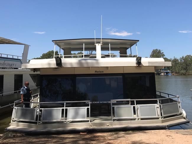 The houseboat hired by the Hells Angels for their party in Mildura. This photograph was taken once police had boarded the vessel.