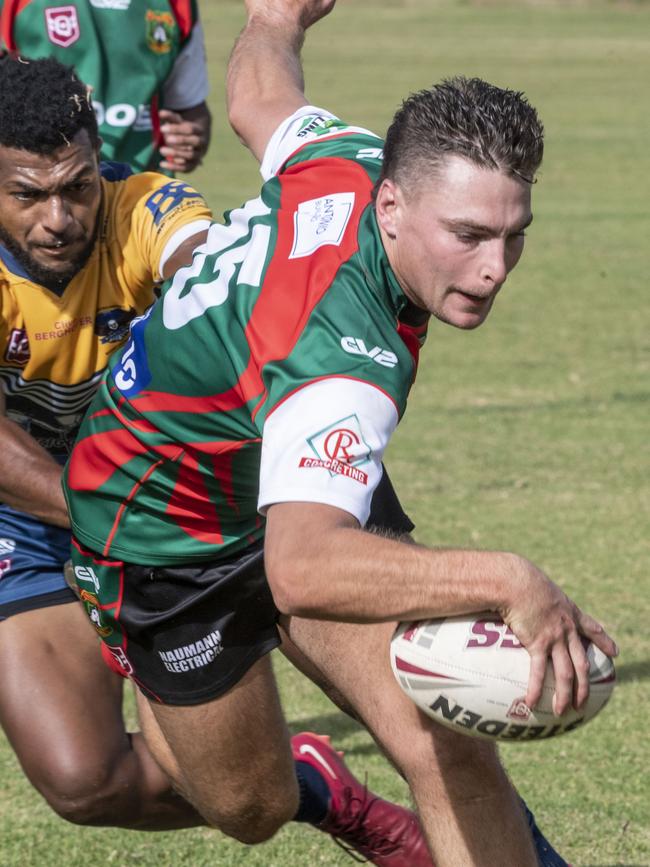 Jacob Little scores a try for Pittsworth. Picture: Nev Madsen.