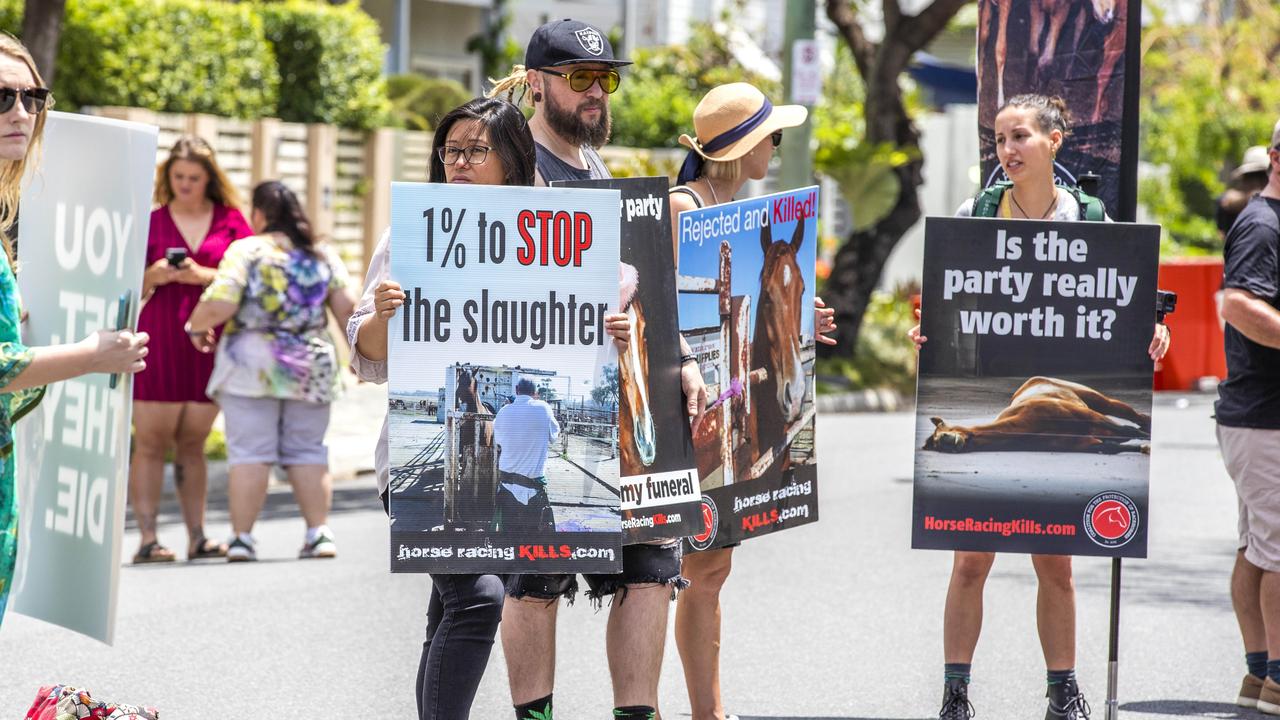 Protesters swarmed outside the Doomben Racecourse for 2020 Melbourne Cup Day, protesting against the event. Picture: Richard Walker