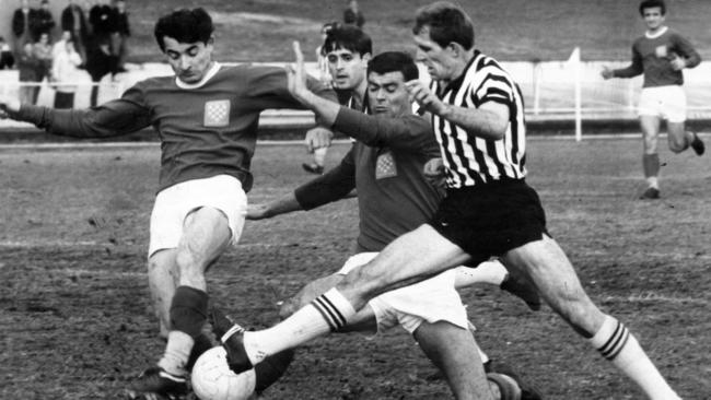 Steve Herczeg playing for Juventus, right, is challenged by Croatia defenders during a game in 1968.