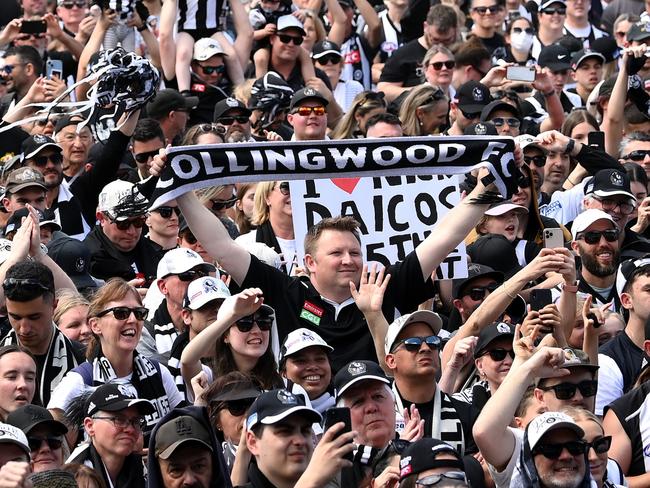 MELBOURNE, AUSTRALIA – OCTOBER 01: Fans show their support during the Collingwood Magpies AFL Grand Final celebrations fan day at AIA Centre on October 01, 2023 in Melbourne, Australia. (Photo by Quinn Rooney/Getty Images)