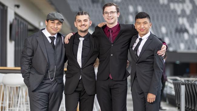 From left: Harout Balassian, 17, Luca Cardinale, 17, Joshua Cook, 18, Julian Santos, 18, at the 2021 St Mark's Catholic College Formal held at the CommBank Stadium in Parramatta. Picture: Christian Gilles