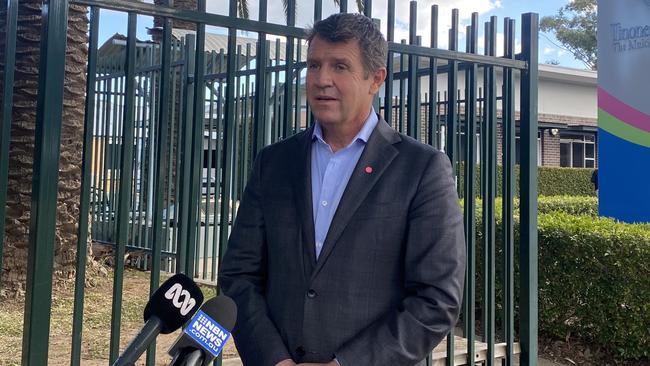 HammondCare CEO Mike Baird speaking outside Tinonee Gardens aged care facility. Picture: Emily Burley.