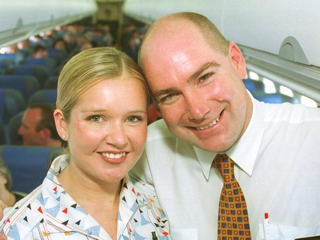 Qantas flight attendants Denise Hickson and Greg Khan after they returned to work. Picture: Jon Hargest